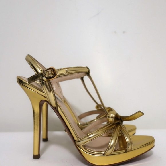 Prada Bow Sandals Gold Metallic Leather Size 39 - Picture 2 of 12